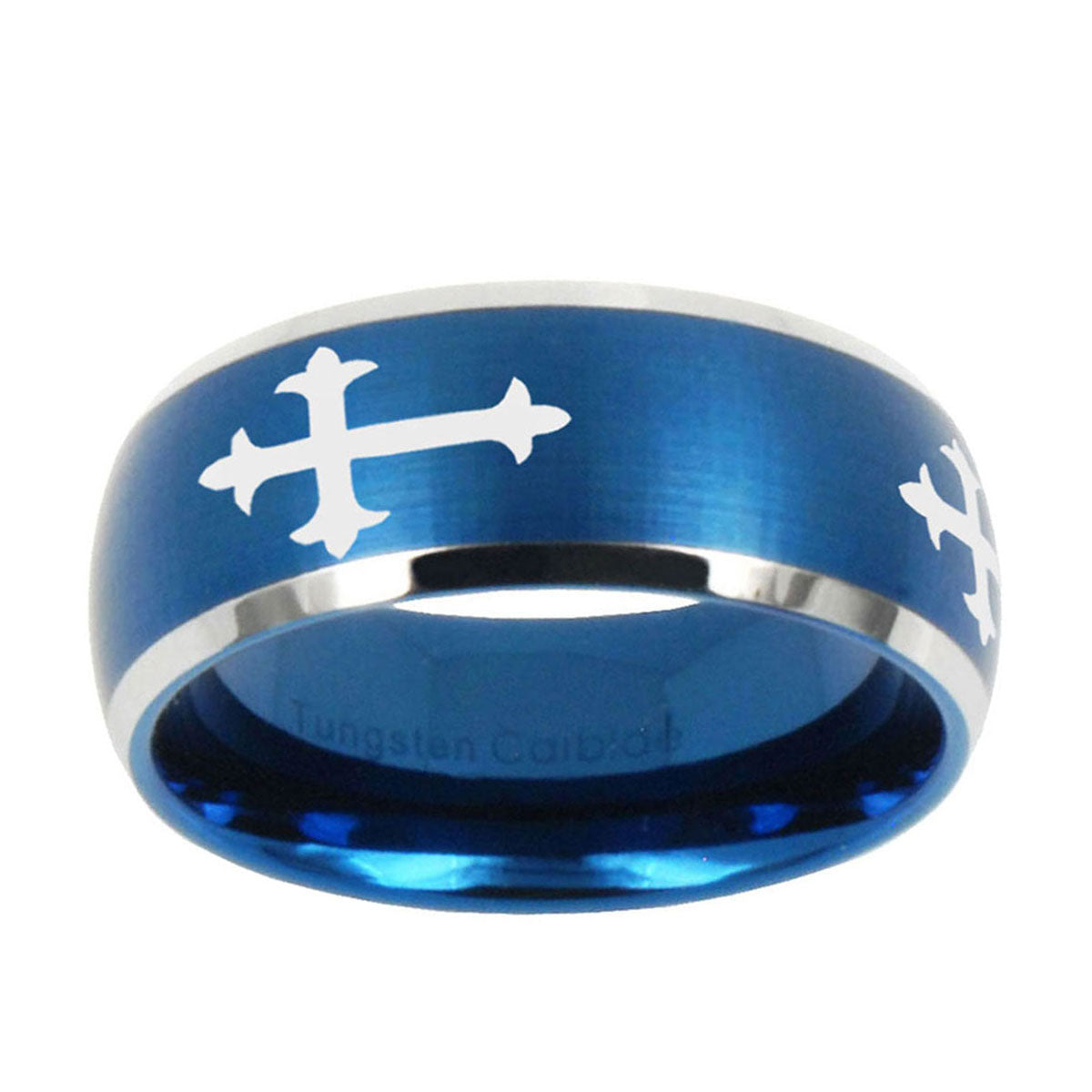 5MMChristian Cross Religious Dome Brushed Blue 2 Tone Tungsten Ring