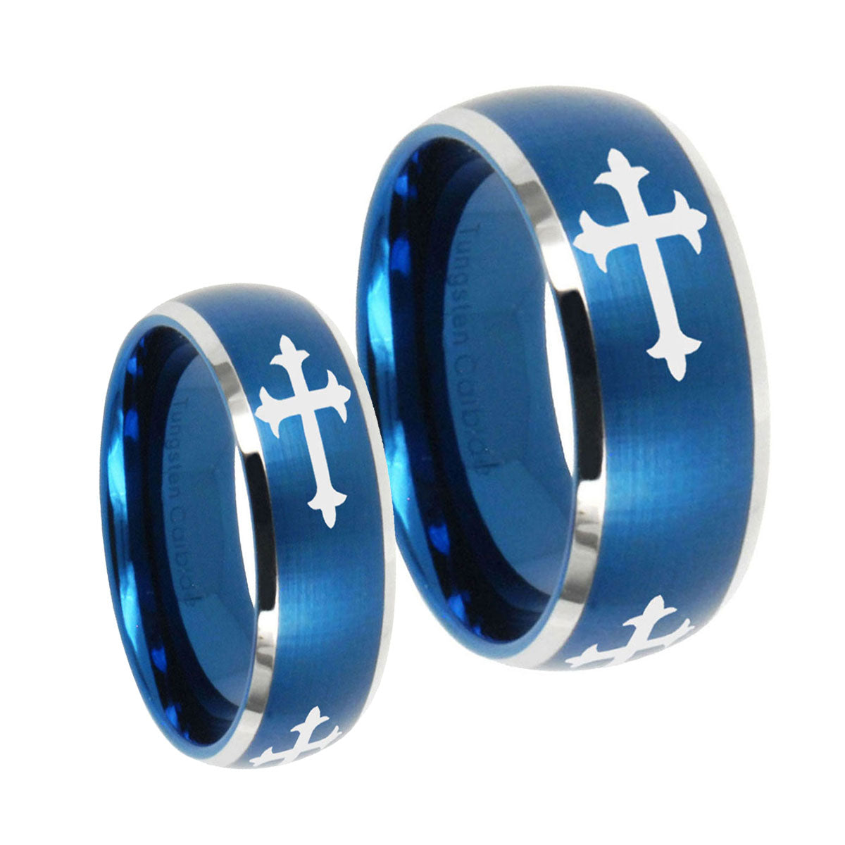 Christian Cross Religious Dome Brushed Blue 2 Tone Tungsten Couple Wedding Bands