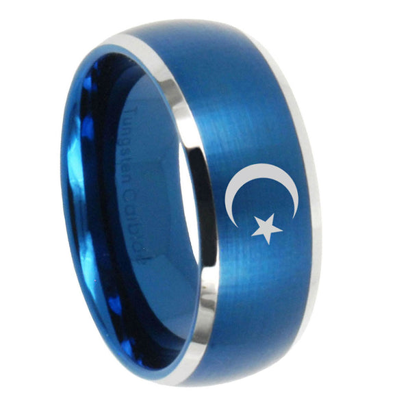 10mm-Crescent-Moon-Stars-Dome-Brushed-Blue-2-Tone-Tungsten-Mens-Wedding-Band