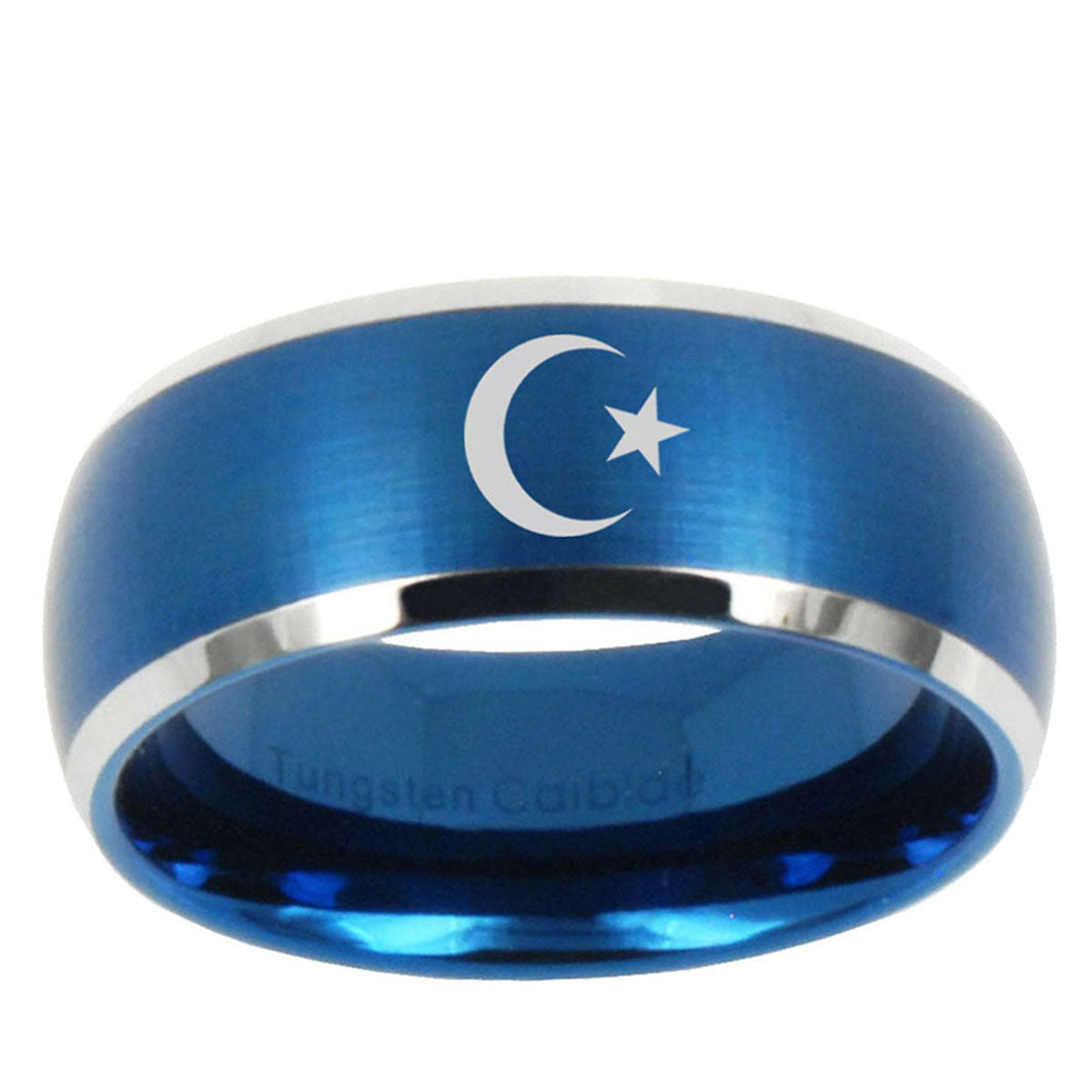 10mm Crescent Moon Stars Dome Brushed Blue 2 Tone Tungsten Mens Wedding Band
