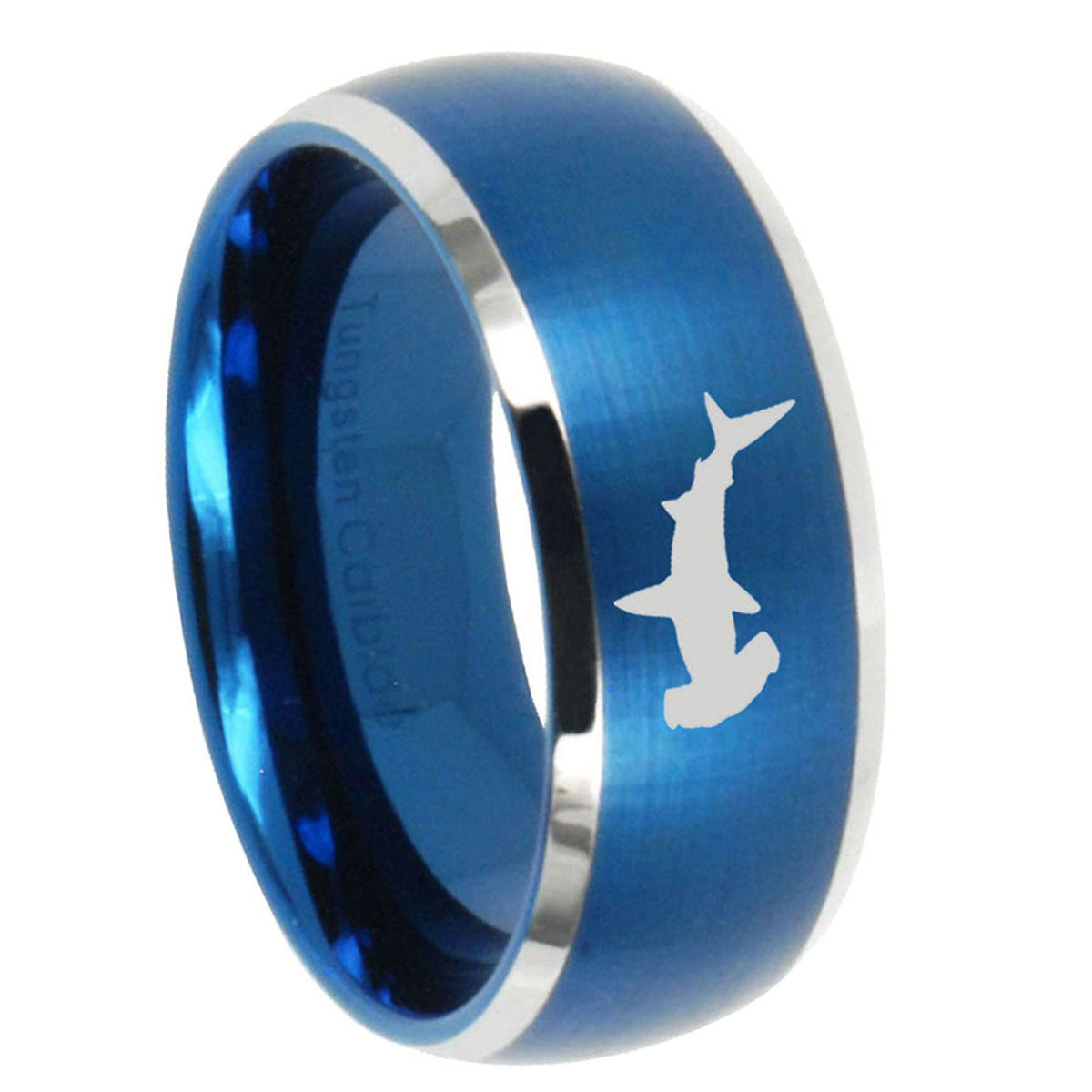 10mm Hammerhead Shark Dome Brushed Blue 2 Tone Tungsten Mens Wedding Band