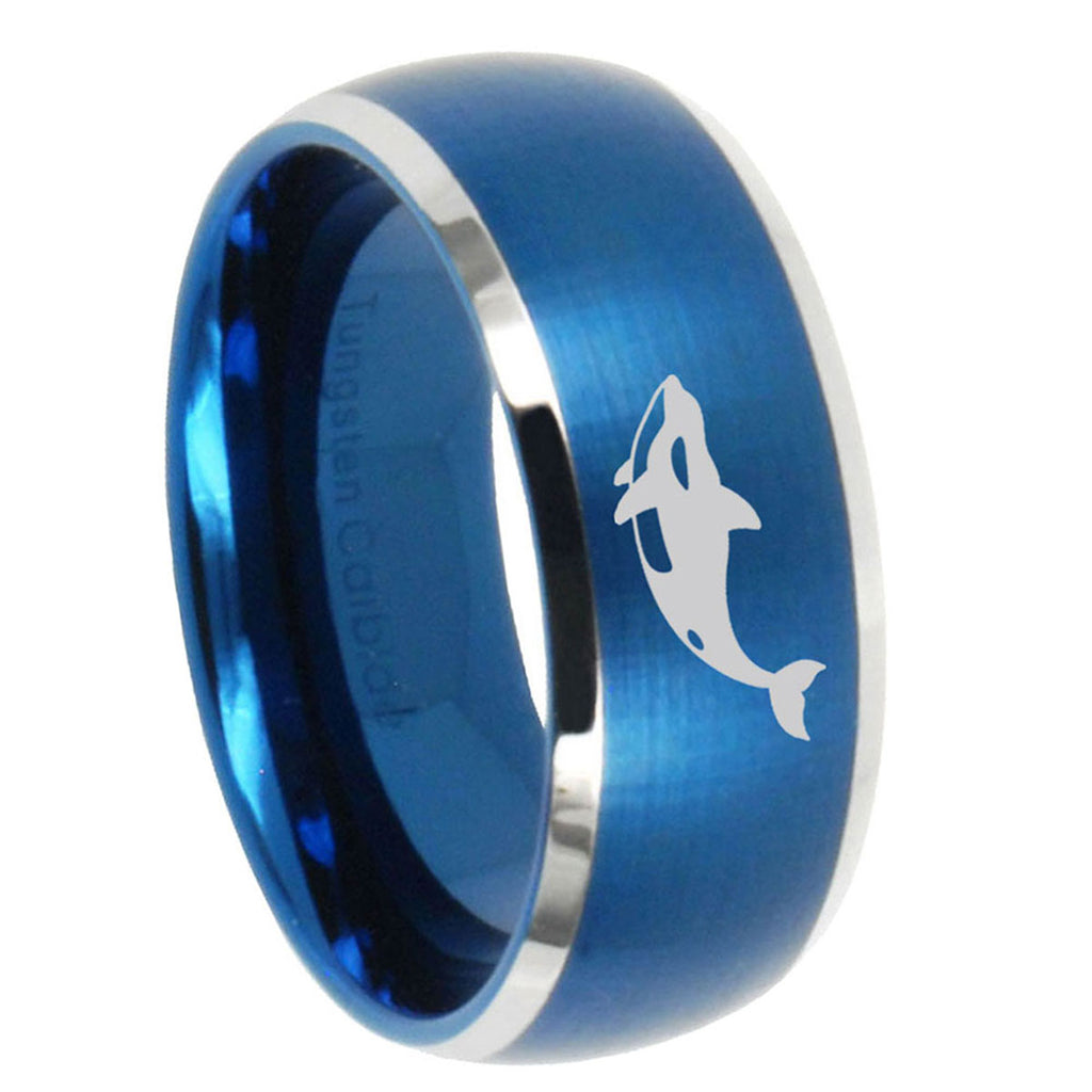 8MM Keller Whale Dome Brushed Blue 2 Tone Tungsten Wedding Ring