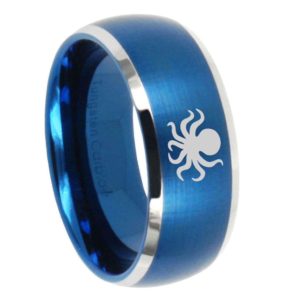8MM Octopus Dome Brushed Blue 2 Tone Tungsten Wedding Band Ring