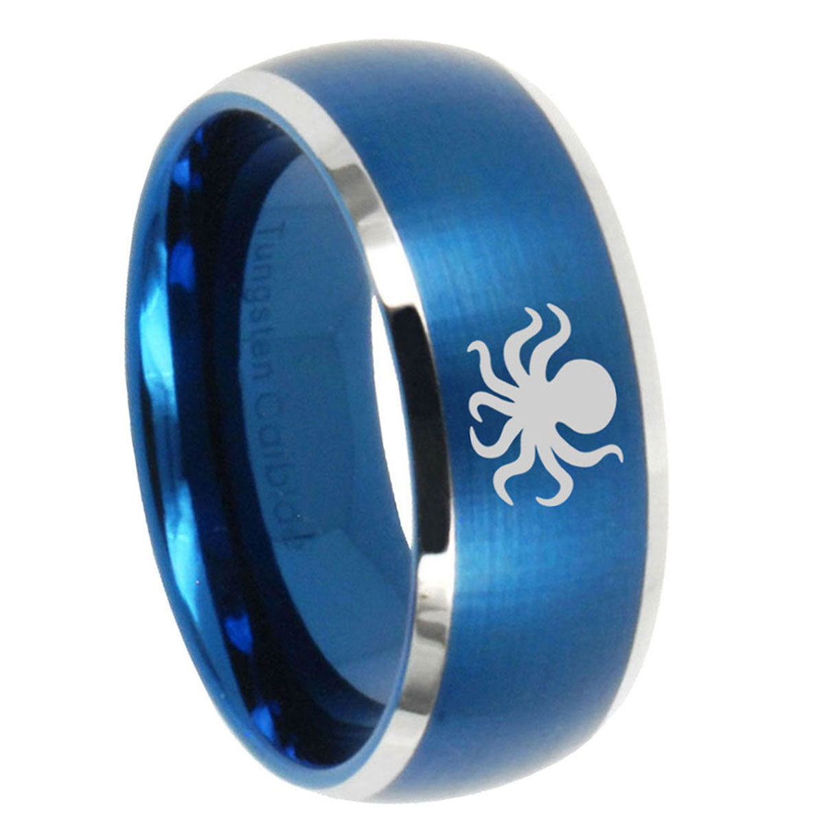 8MM Octopus Dome Brushed Blue 2 Tone Tungsten Wedding Band Ring