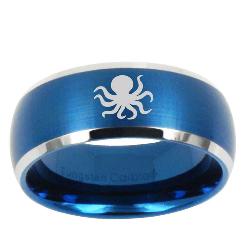 10mm Octopus Dome Brushed Blue 2 Tone Tungsten Mens Wedding Band