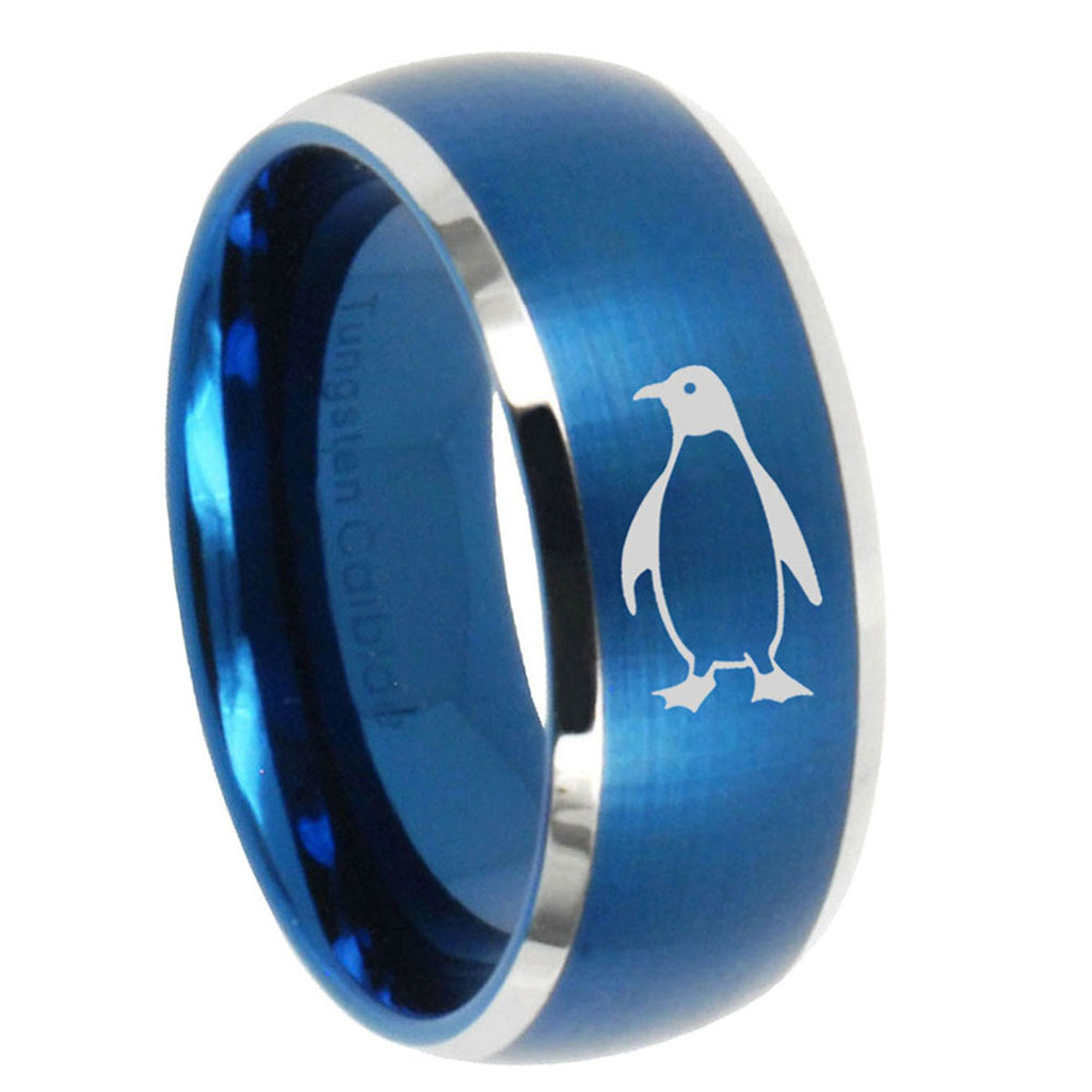 8MM Penguin Dome Brushed Blue 2 Tone Tungsten Wedding Band Ring