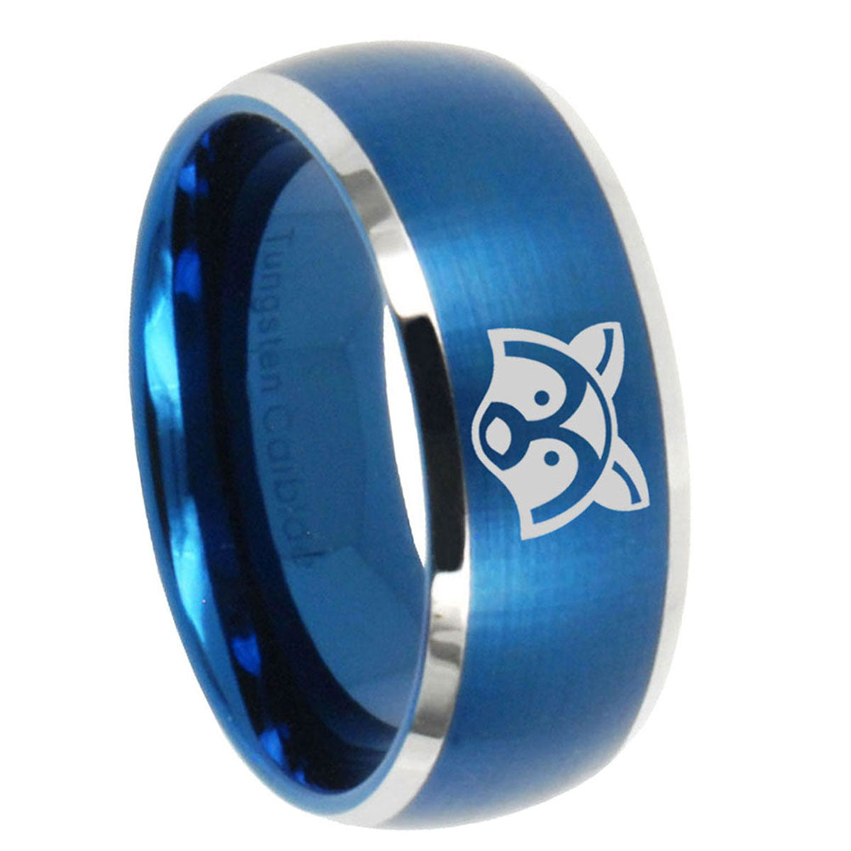 8MM Raccoon Animal Dome Brushed Blue 2 Tone Tungsten Ring