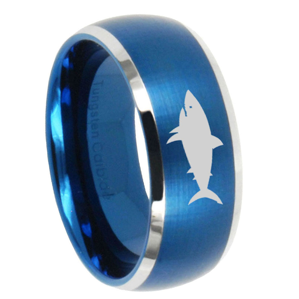 8MM Shark Dome Brushed Blue 2 Tone Tungsten Wedding Band Ring