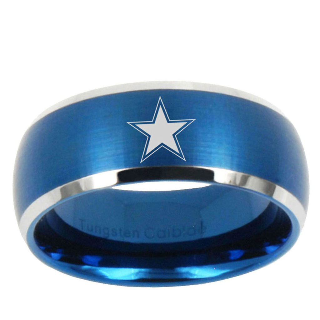 10mm Cowboys Star Dome Brushed Blue 2 Tone Tungsten Mens Wedding Band