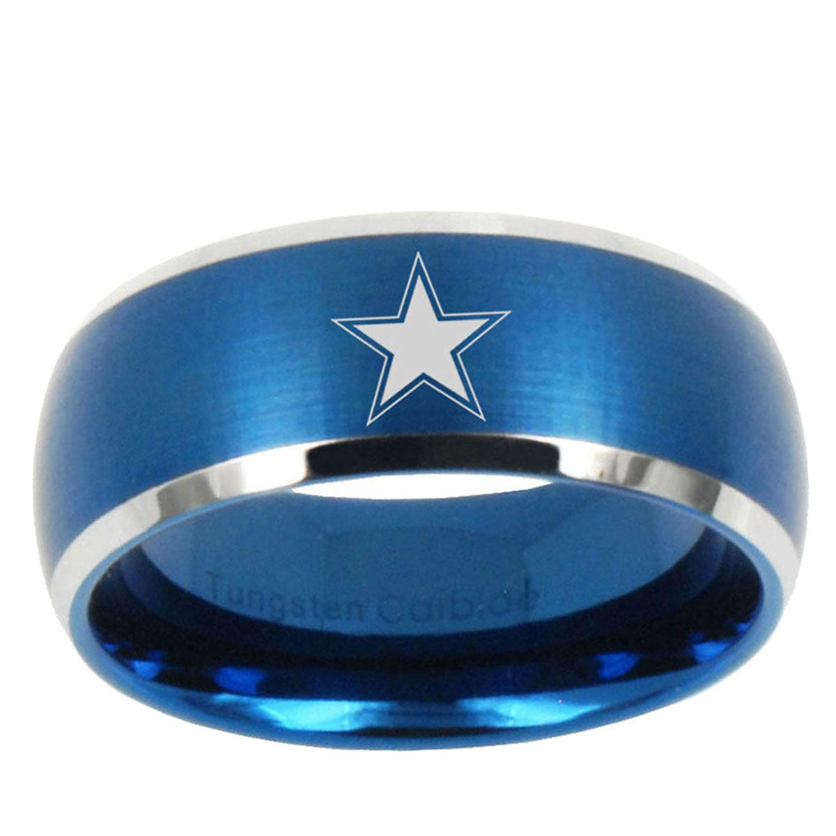 10mm Cowboys Star Dome Brushed Blue 2 Tone Tungsten Mens Wedding Band