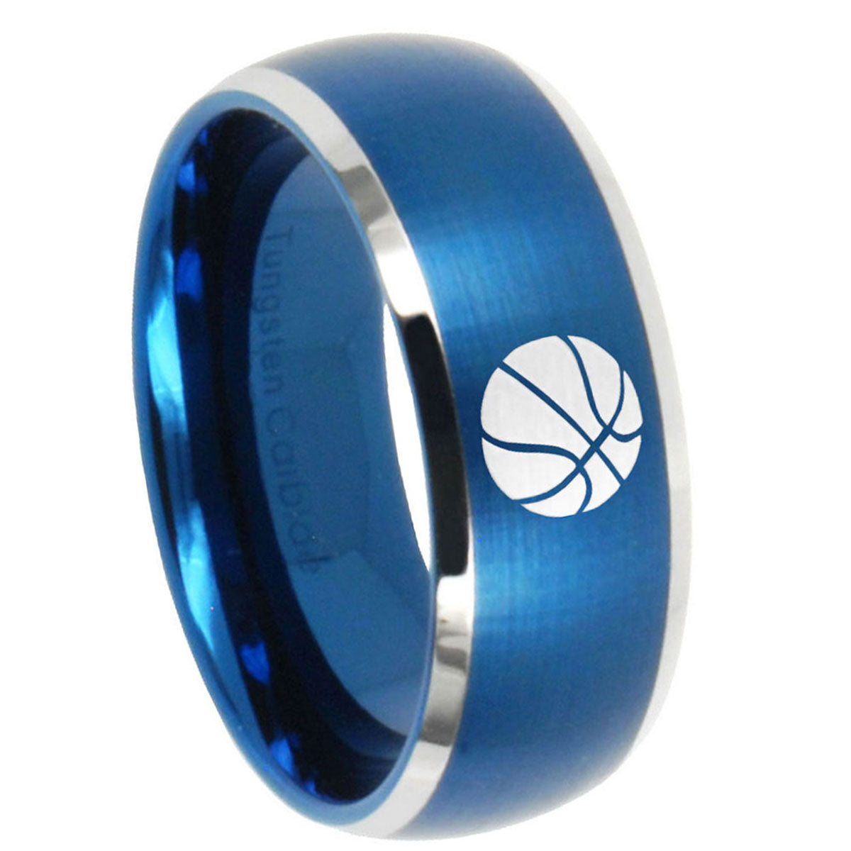 8MM Basketball Dome Brushed Blue 2 Tone Tungsten Wedding Ring