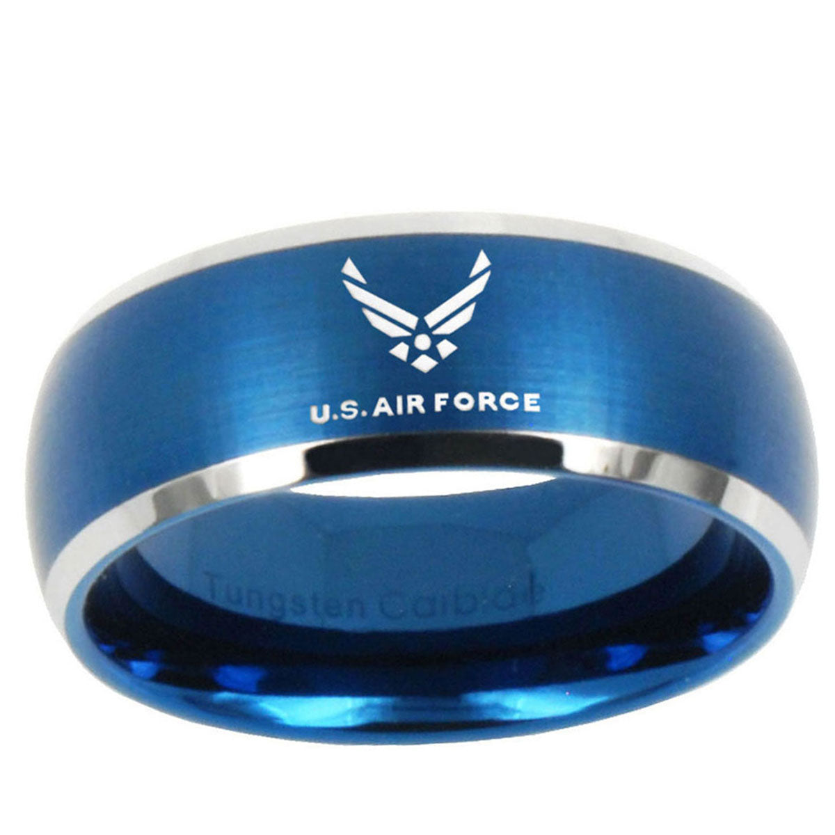 5MMBrush Blue Dome US Air Force Tungsten 2 Tone Engrave Ring