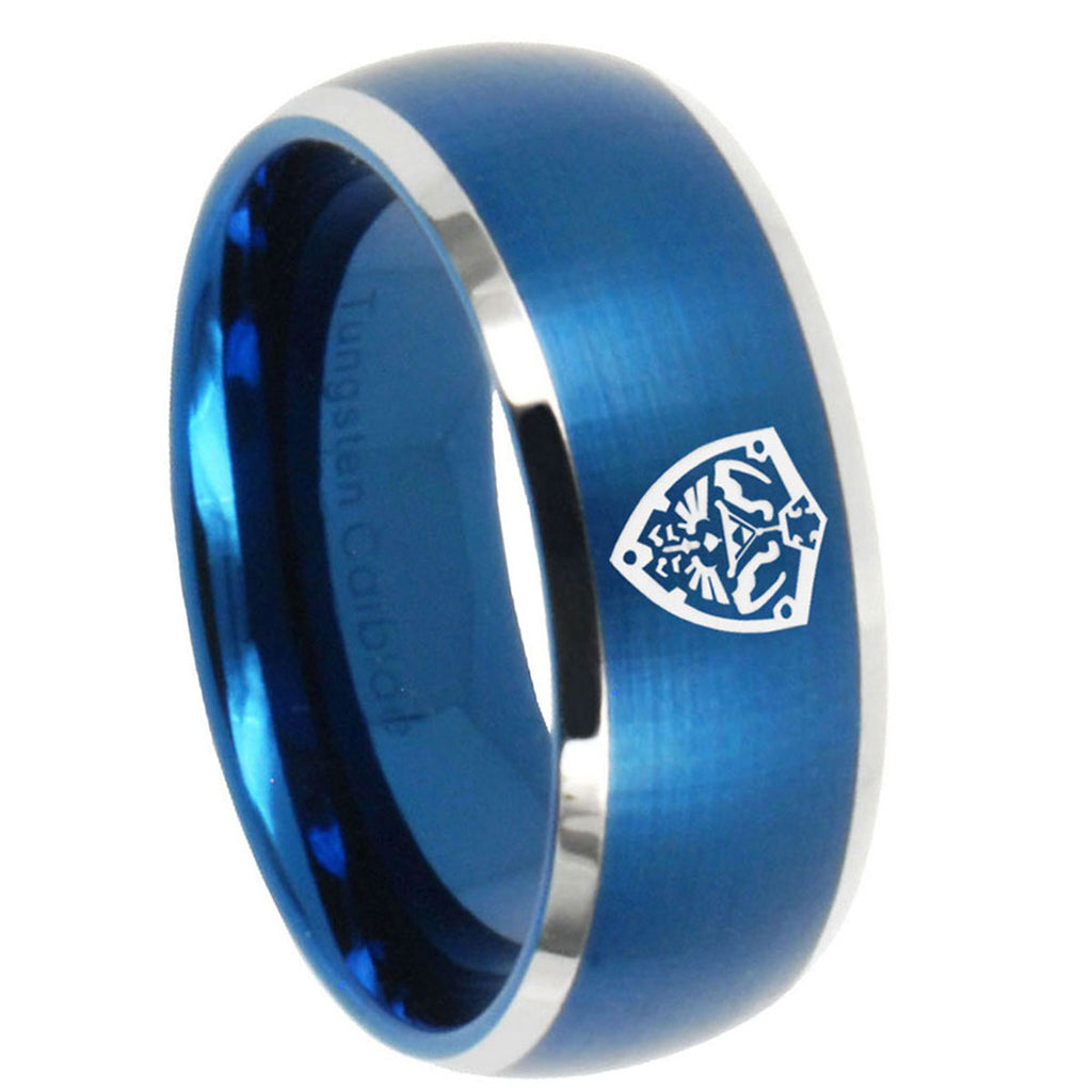 8MM Zelda Hylian Shield Dome Brushed Blue 2 Tone Tungsten Mens Ring