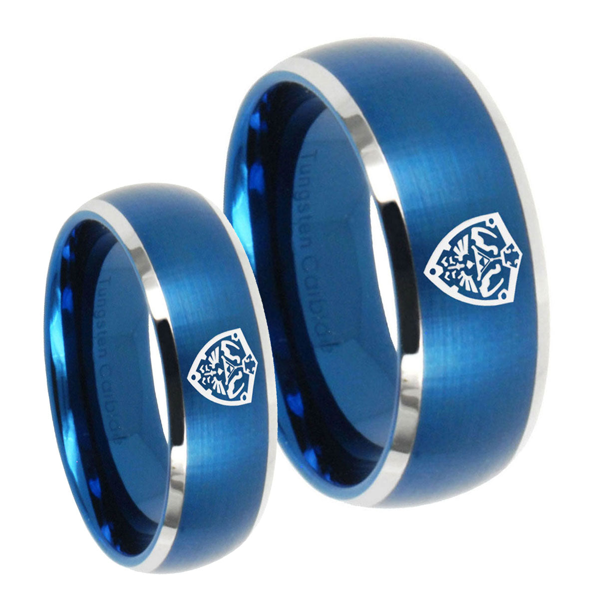 Zelda Hylian Shield Dome Brushed Blue 2 Tone Tungsten Mens Band Set