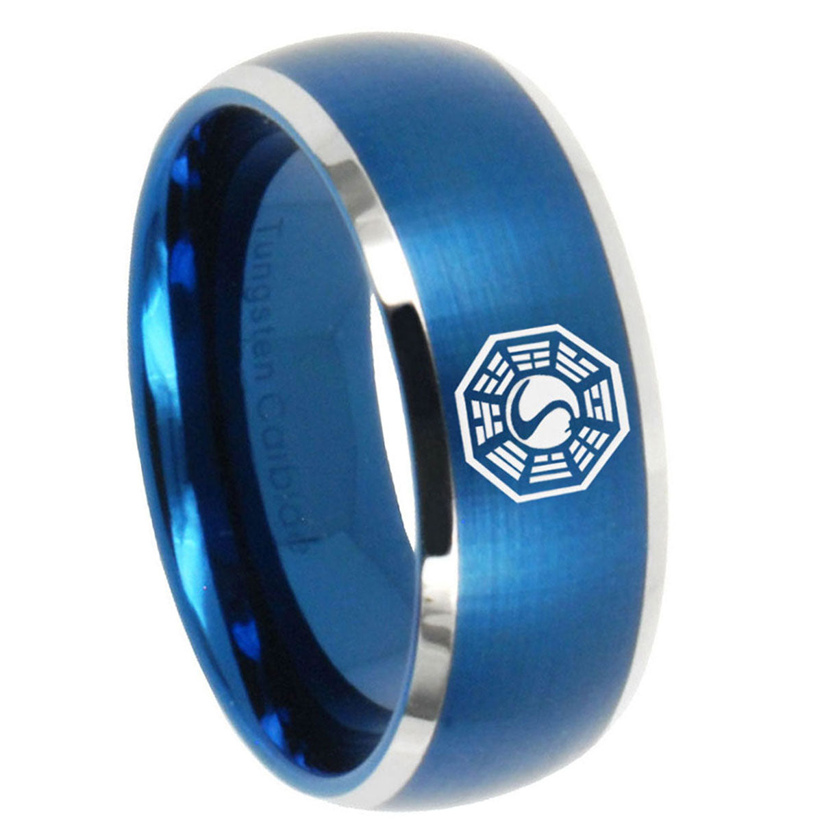8MM Lost Dharma Dome Brushed Blue 2 Tone Tungsten Wedding Ring