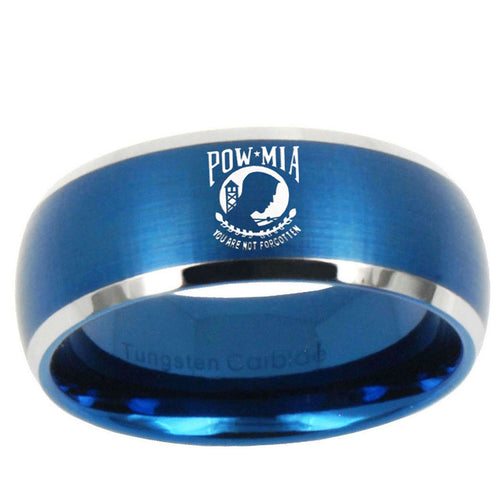10mm Military Pow Dome Brushed Blue 2 Tone Tungsten Carbide Mens Bands Ring