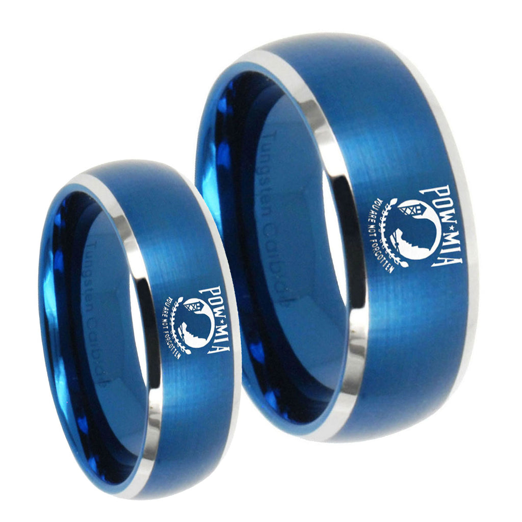 Military Pow Dome Brushed Blue 2 Tone Tungsten Promise Ring Set