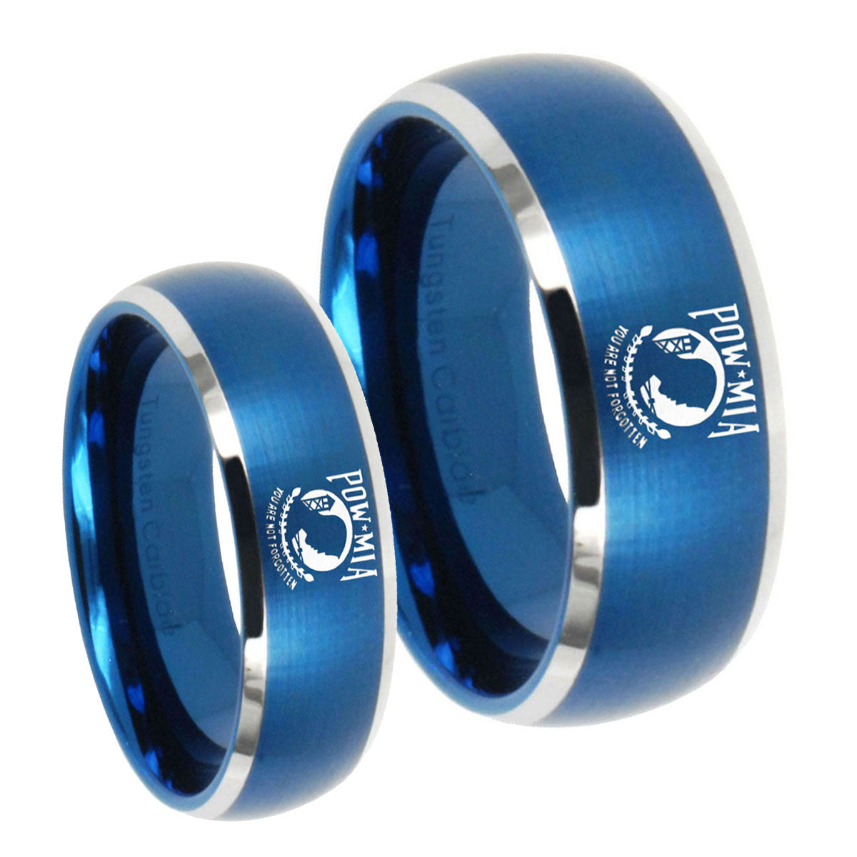 Military Pow Dome Brushed Blue 2 Tone Tungsten Promise Ring Set