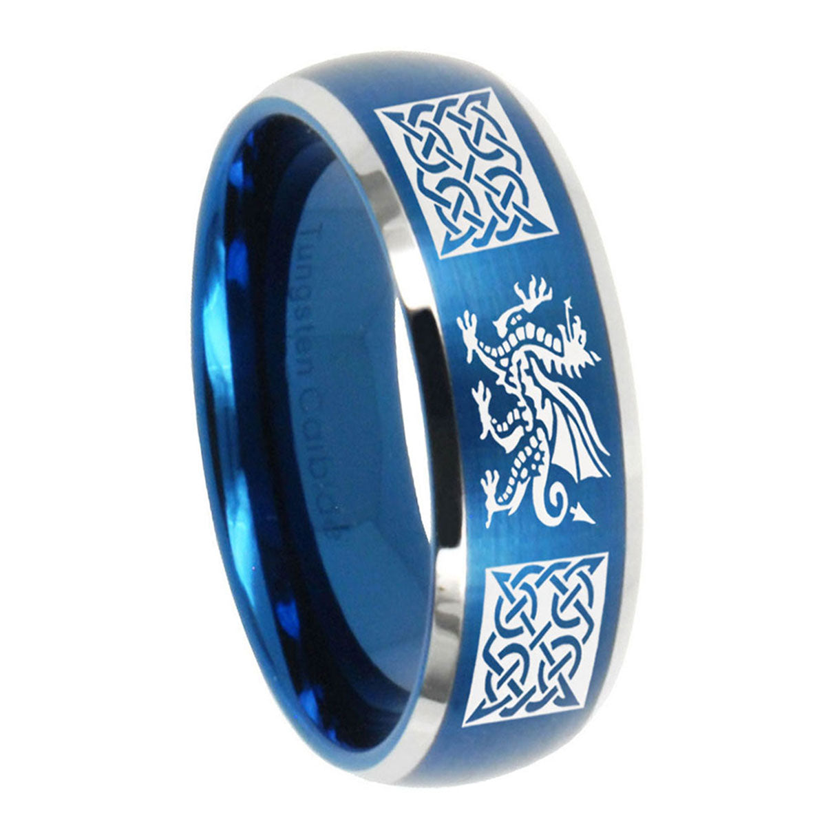8MM Multiple Dragon Celtic Dome Brushed Blue 2 Tone Tungsten Ring