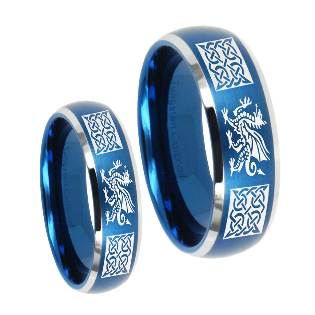 Multiple Dragon Celtic Dome Brushed Blue 2 Tone Tungsten Wedding Set Rings