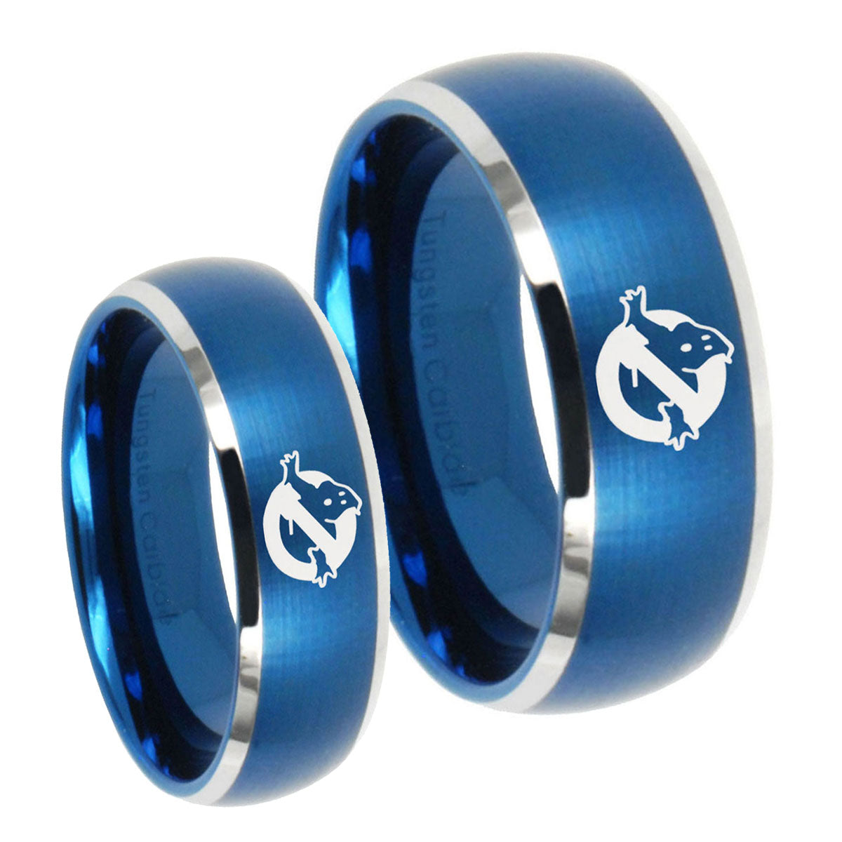 Ghostbusters Dome Brushed Blue 2 Tone Tungsten Engagement Ring Set