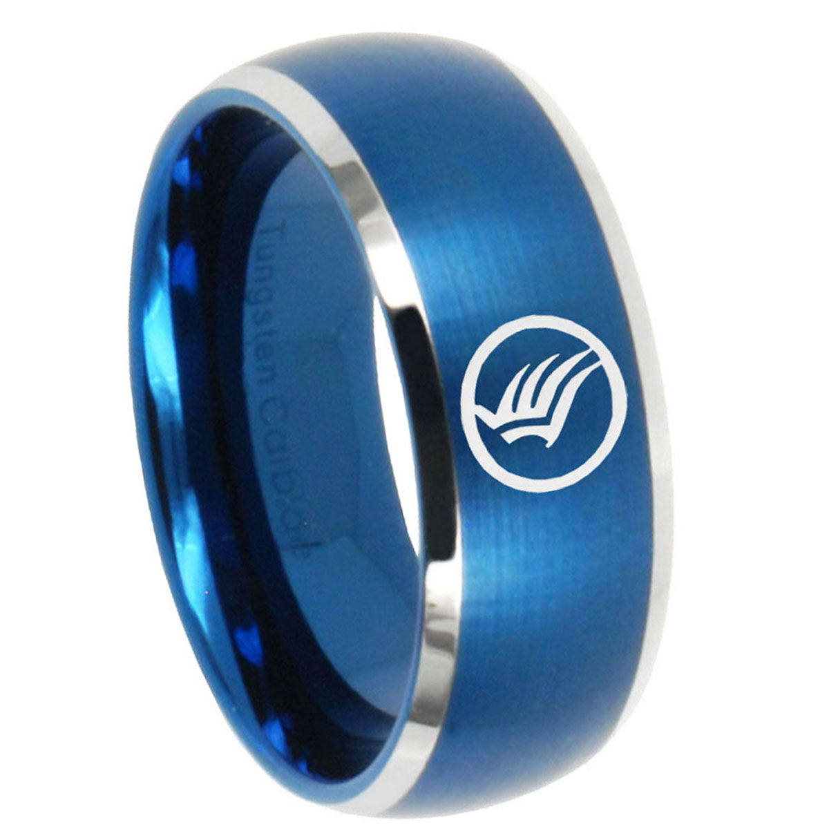 8MM Brush Blue Dome Mass Effect Tungsten 2 Tone Engrave Ring