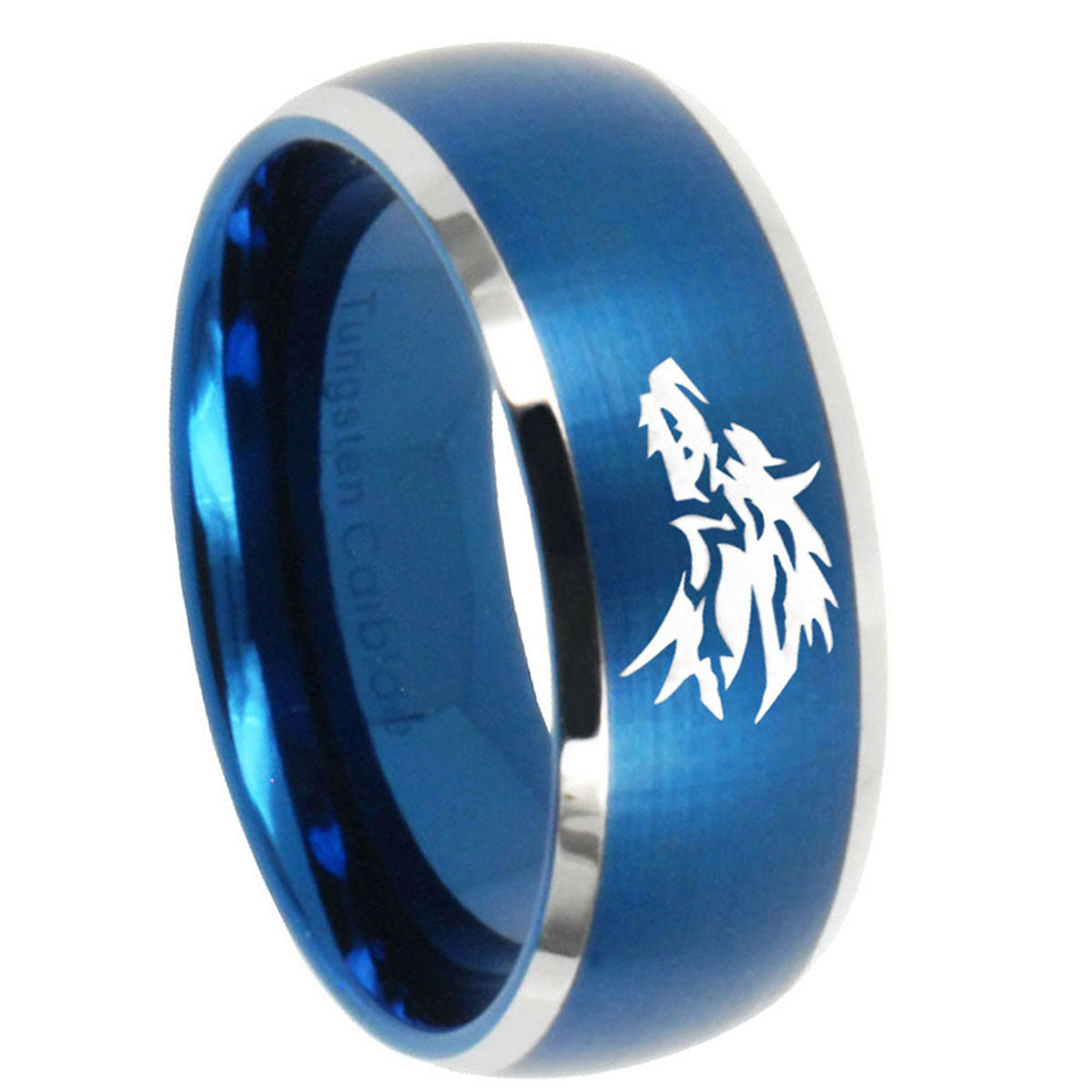 8MM Wolf Dome Brushed Blue 2 Tone Tungsten Custom Ring for Men