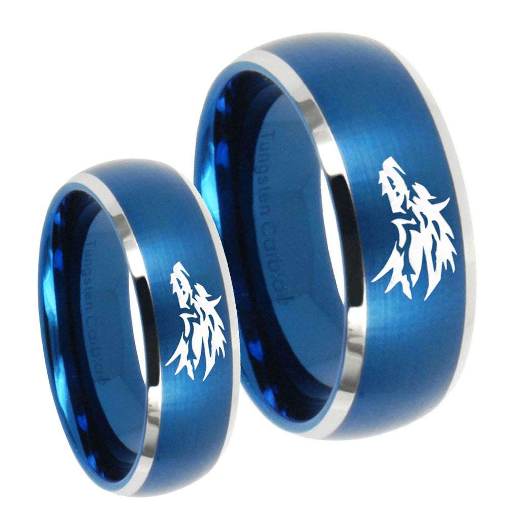 Wolf Dome Brushed Blue 2 Tone Tungsten Bridal Ring Sets