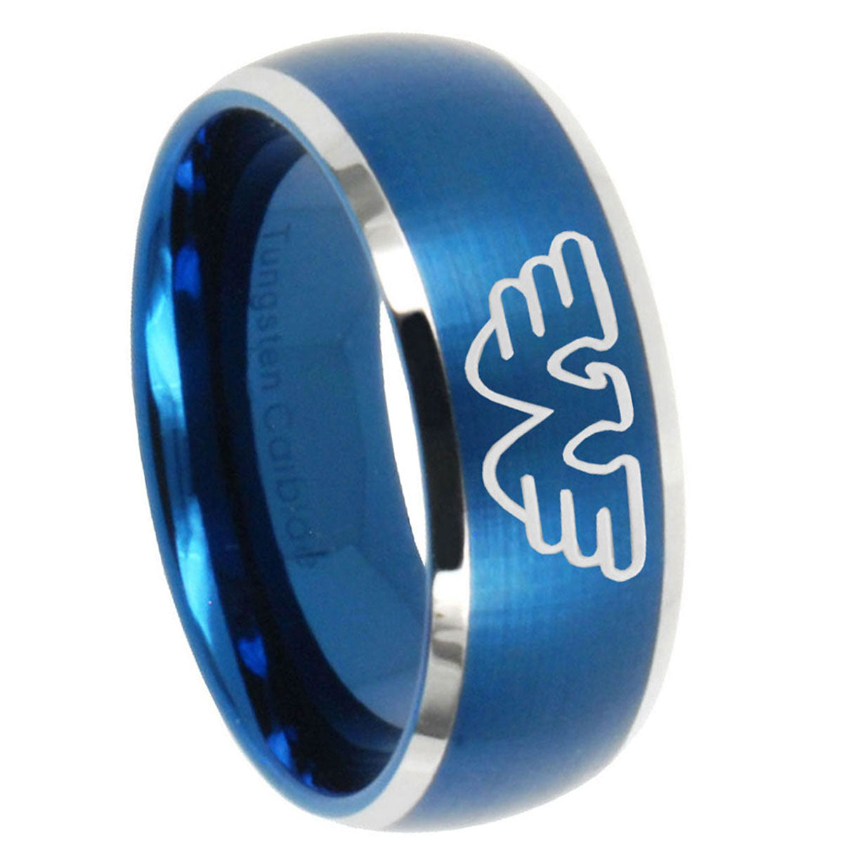 8MM Waylon Jennings Dome Brushed Blue 2 Tone Tungsten Engraved Ring
