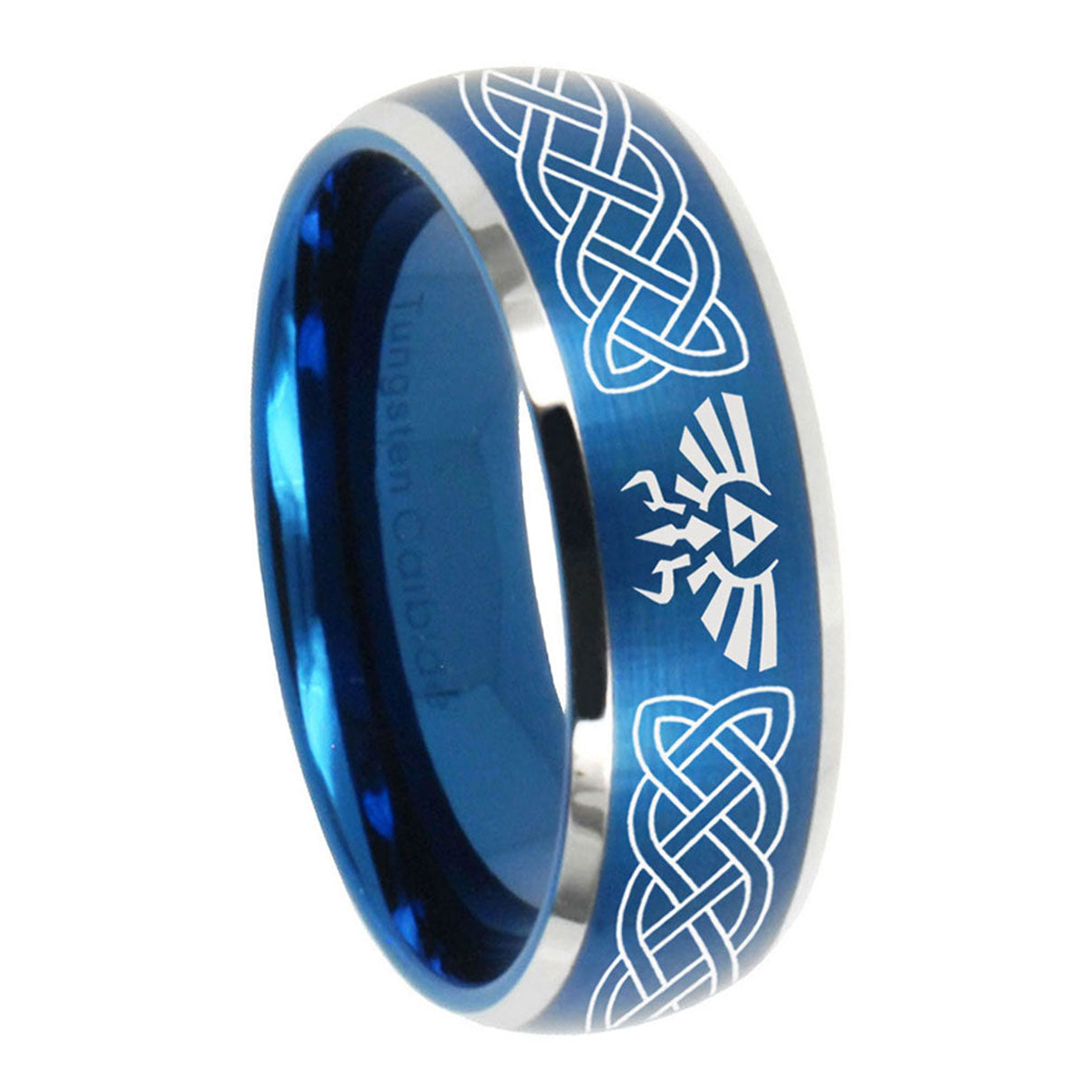 8MM Celtic Zelda Dome Brushed Blue 2 Tone Tungsten Ring