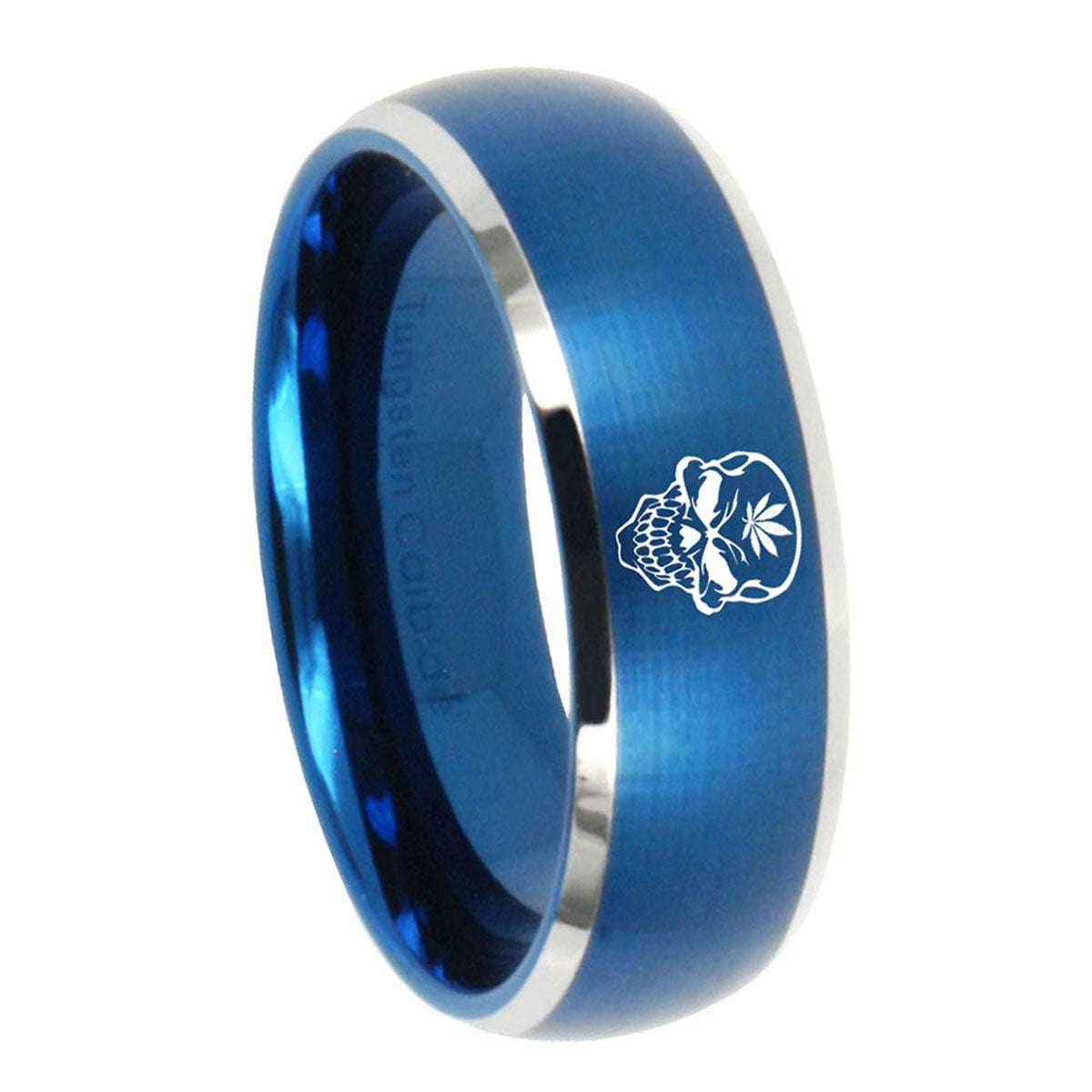 8MM Skull Marijuana Leaf Dome Brushed Blue 2 Tone Tungsten Ring