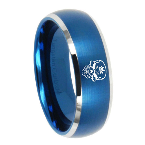 10mm Skull Marijuana Leaf Dome Brushed Blue 2 Tone Tungsten Men's Band Ring