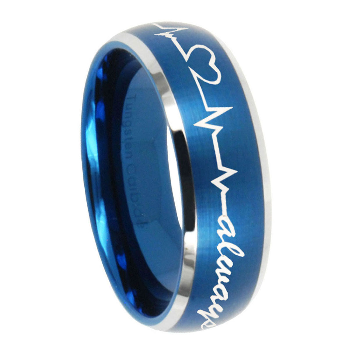 10mm Heart Beat forever Heart always Dome Brushed Blue 2 Tone Tungsten Bands Ring