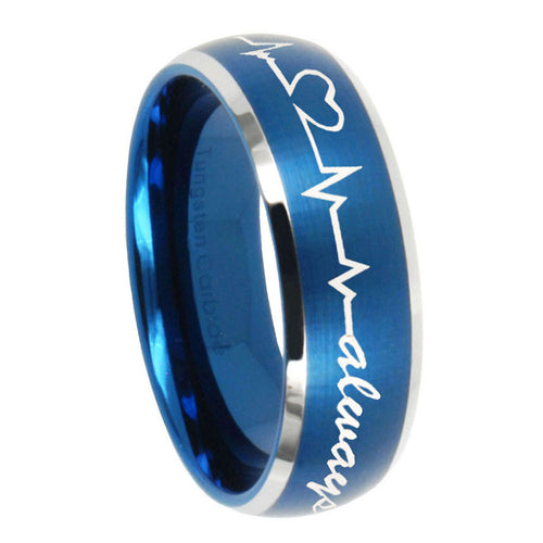 10mm Heart Beat forever Heart always Dome Brushed Blue 2 Tone Tungsten Bands Ring