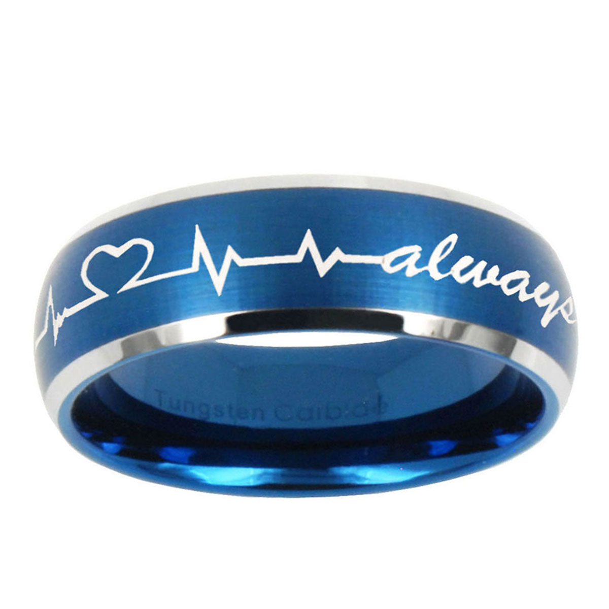 10mm Heart Beat forever Heart always Dome Brushed Blue 2 Tone Tungsten Bands Ring