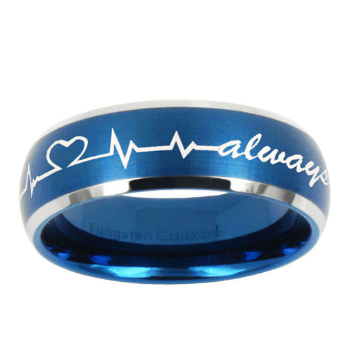 10mm Heart Beat forever Heart always Dome Brushed Blue 2 Tone Tungsten Bands Ring