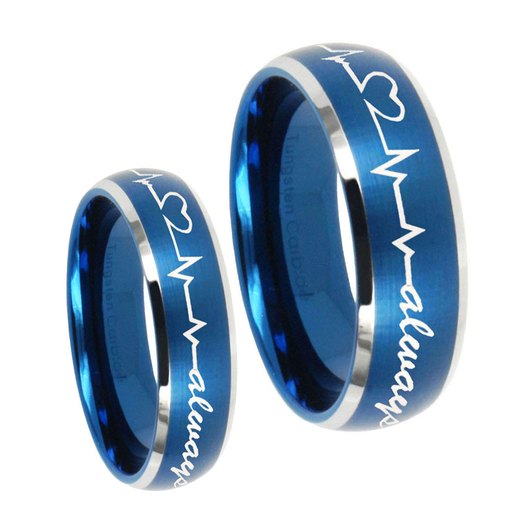 Heart Beat forever Heart always Dome Brushed Blue 2 Tone Tungsten Mens Ring Set