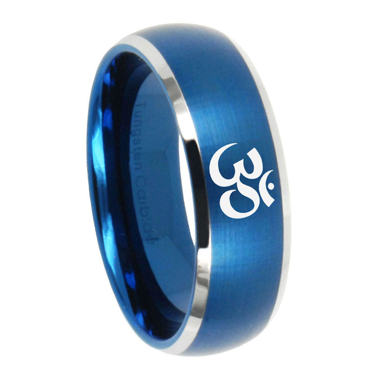 10mm Om Aum Yoga Dome Brushed Blue 2 Tone Tungsten Carbide Mens Bands Ring