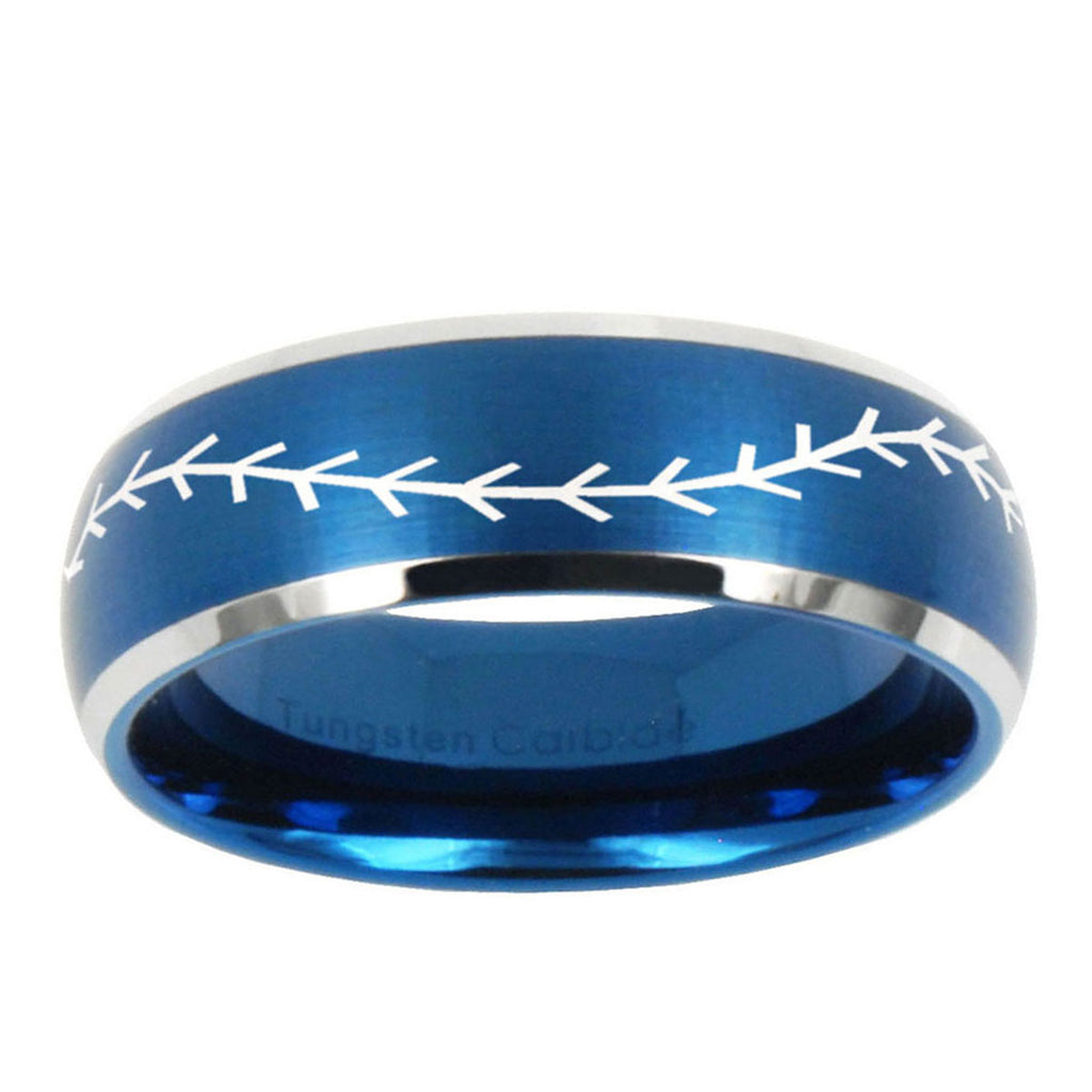 10mm Baseball Stitch Dome Brushed Blue 2 Tone Tungsten Mens Wedding Band