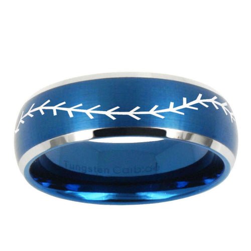 10mm Baseball Stitch Dome Brushed Blue 2 Tone Tungsten Mens Wedding Band