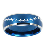 5, 8mm Baseball Stitch Dome Brushed Blue 2 Tone Tungsten Ring