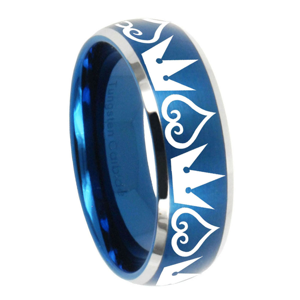 10mm Hearts and Crowns Dome Brushed Blue 2 Tone Tungsten Men's Wedding Band