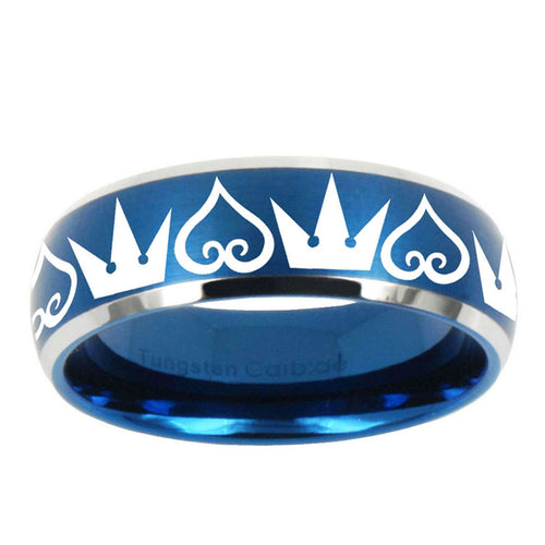 10mm Hearts and Crowns Dome Brushed Blue 2 Tone Tungsten Men's Wedding Band