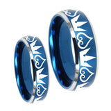His Hers Hearts and Crowns Dome Brushed Blue 2 Tone Tungsten Men Ring Set