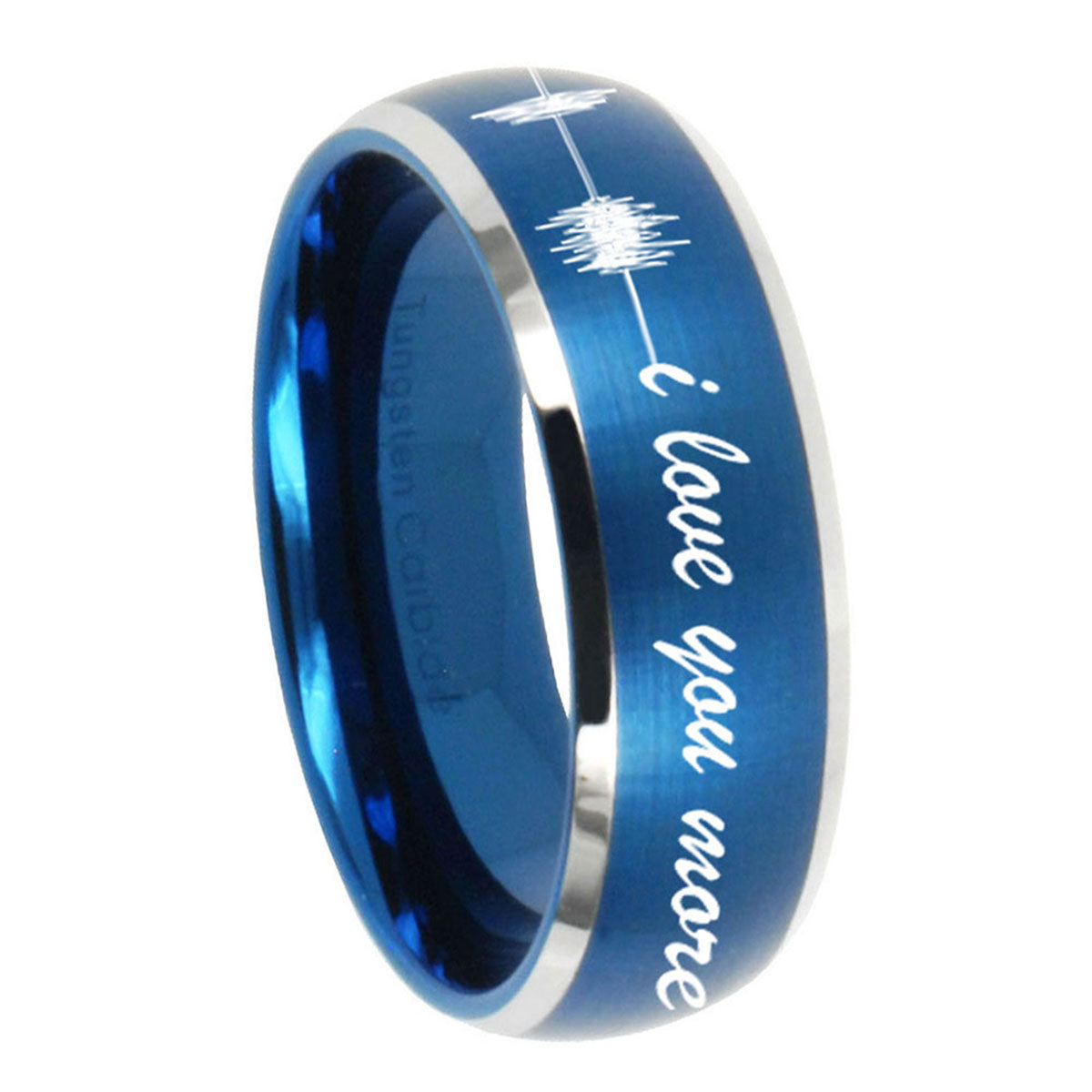 10mm Sound Wave I love you more Dome Brushed Blue 2 Tone Tungsten Promise Ring