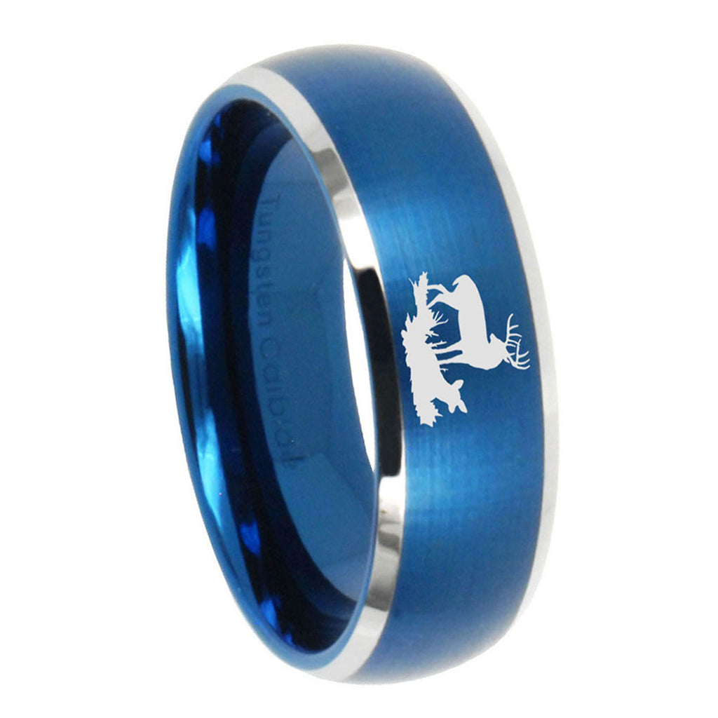 8MM Deer Hunting Dome Brushed Blue 2 Tone Tungsten Engagement Ring