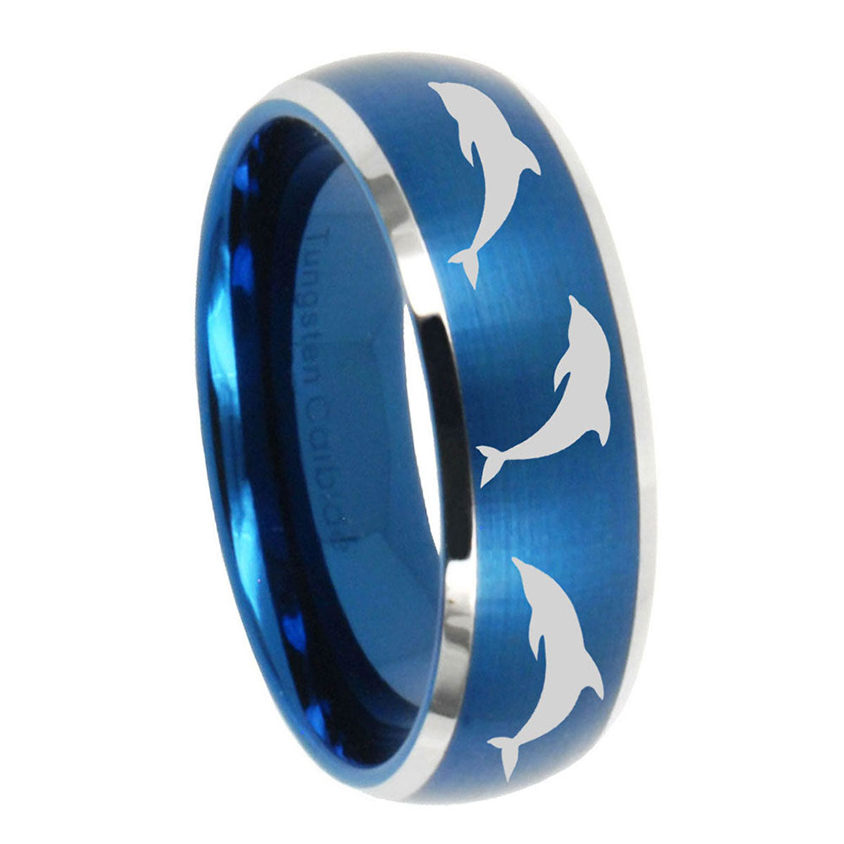 8MM Dolphins Dome Brushed Blue 2 Tone Tungsten Anniversary Ring