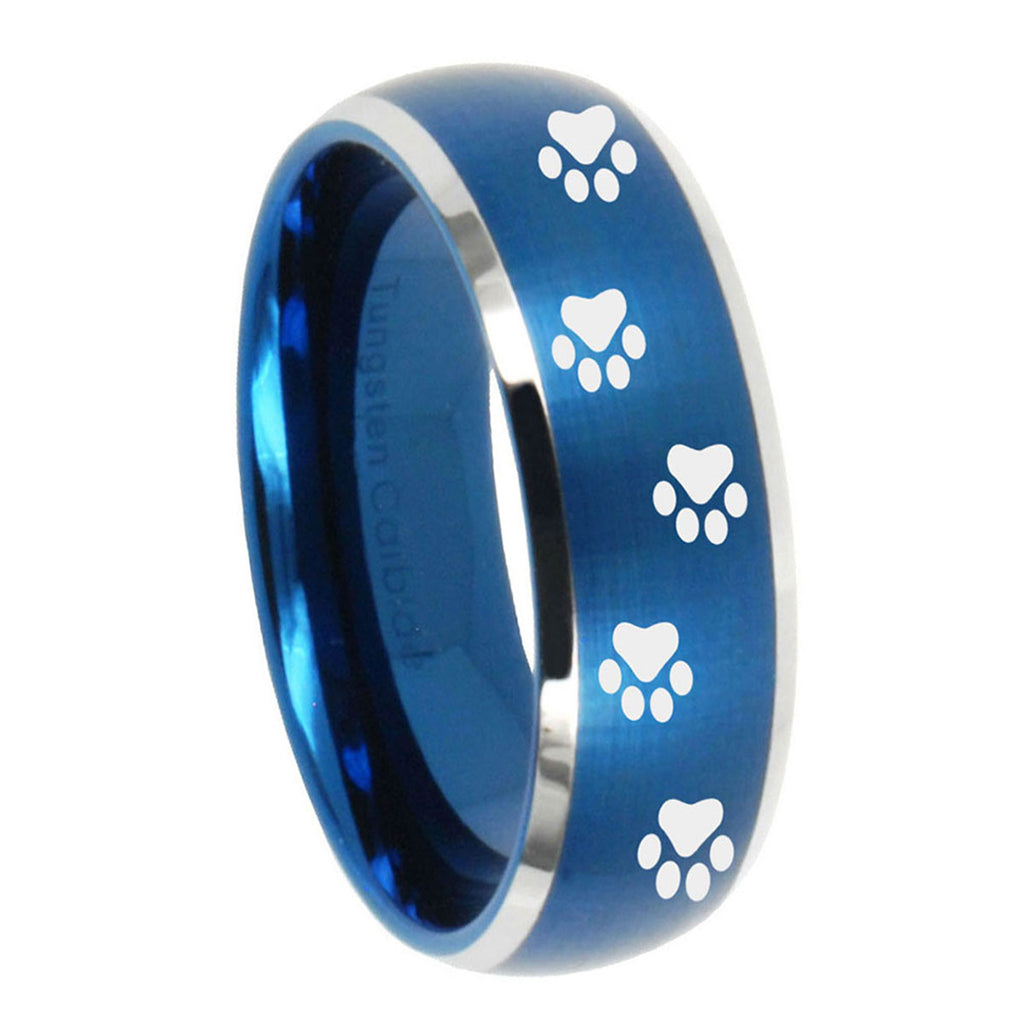 8MM Paw Print Dome Brushed Blue 2 Tone Tungsten Men's Ring