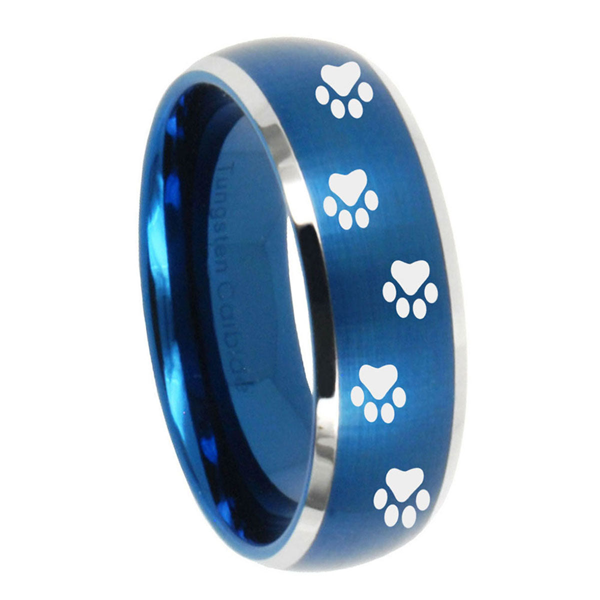 8MM Paw Print Dome Brushed Blue 2 Tone Tungsten Men's Ring