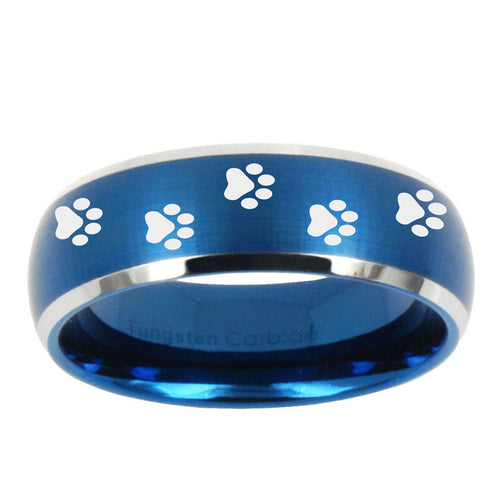 10mm Paw Print Dome Brushed Blue 2 Tone Tungsten Ring